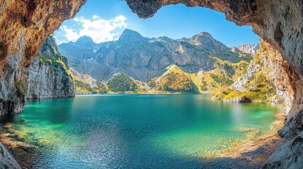 Obraz premium Alpine Lake Serenity: Majestic Mountain Scenery, Crystal Clear Water, Breathtaking View