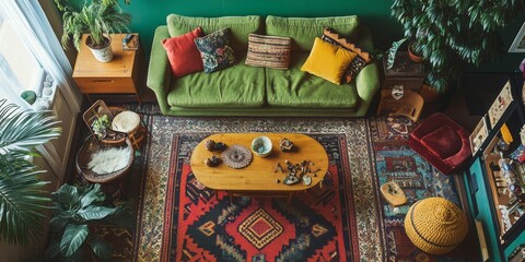 Green Sofa Living Room Boho Decor Plants Rug