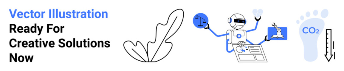 Robot multitasking with AI, nature leaf design, CO2 reduction, and creative tools. Ideal for innovation, technology, eco-friendly solutions, artificial intelligence, sustainability environmental
