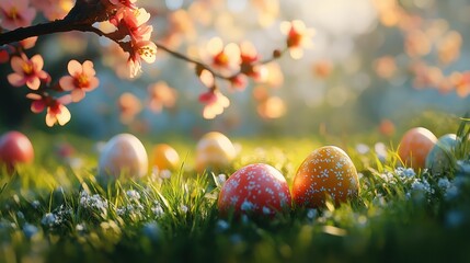 Spring Easter eggs garden sunrise blossoms
