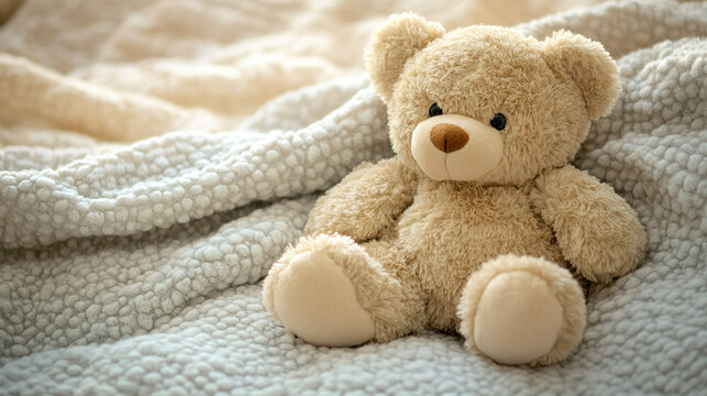 Soft plush teddy bear resting on a cozy bed, surrounded by warm lighting, evoking a comforting and nostalgic childhood atmosphere