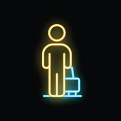 Glowing neon sign of a person standing by a car on a black background
