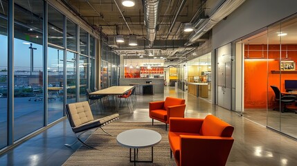 Office lounge area with contemporary furniture, soft lighting, and glass walls.