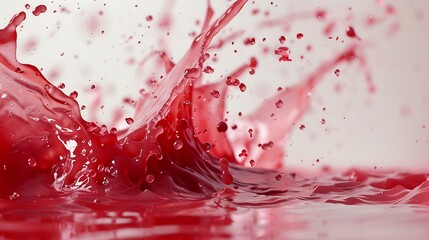 A bold splash of raspberry lemonade, the vibrant red liquid creating intricate shapes against a clean white surface.