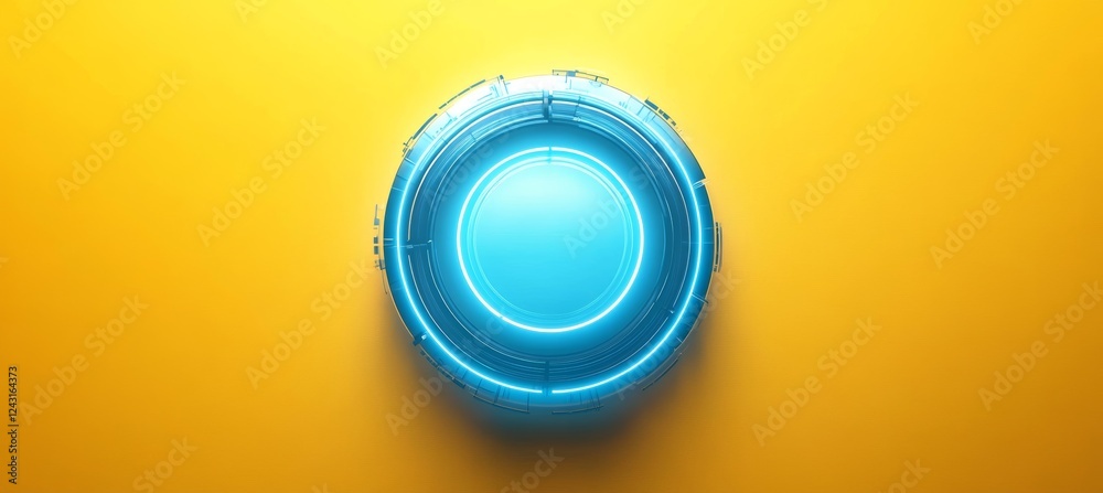Poster Blue technology circular button on yellow background. Generative AI technology.	
