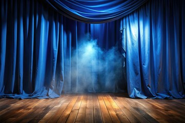 Smoky blue drapes frame a spotlight on a worn wooden floor, architectural drama unfolds.