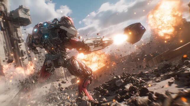Futuristic Mecha Warrior Engaged in Intense Combat amidst Explosions