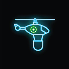 Glowing neon icon of a medical helicopter carrying a first aid kit, symbolizing emergency medical services
