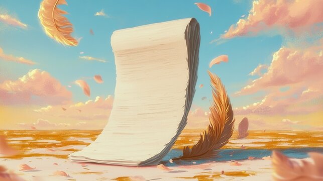 A beautifully rendered floating scroll sits amid a serene landscape filled with warm clouds, suggesting themes of thoughtfulness, creativity, and the endless pursuit of ideas.