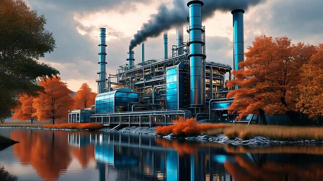 Industrial power plant with multiple chimneys emitting smoke, surrounded by autumn trees and a reflective water body

