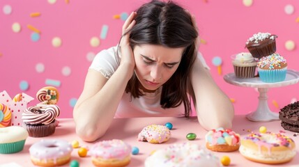 Sad person surrounded by sugary foods, reflecting the struggle between indulgence and emotional well-being, highlighting the complexities of comfort and self-care.