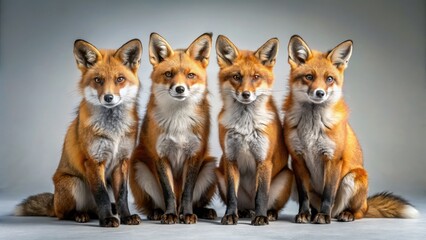 Striking red fox portraits: four bushy-tailed subjects, alert and captivating.