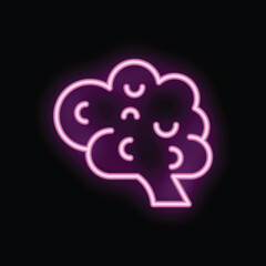 Bright pink neon sign of a human brain is glowing on a black background