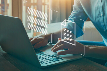 Compliance rules and standards. Law regulation policy on virtual screen. Checkboxes list.