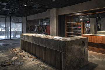Desolate interior of a modern abandoned clothing store features dusty racks and empty shelves in a dimly lit space