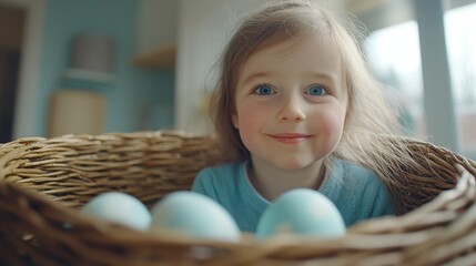 Happy child peeking from a wicker basket filled with pastel eggs.
