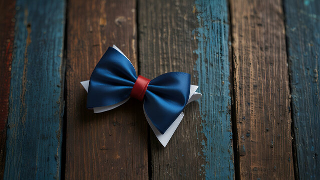 Blue bowtie with red rose placed on wooden background for romantic and formal vibe