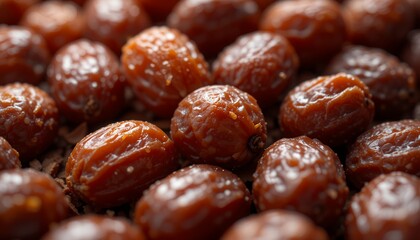 Fototapeta premium Shiny Medjool Dates, a close up showcasing the wrinkled surface of many fruit