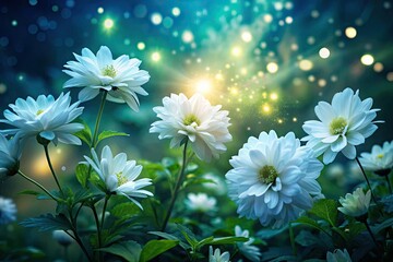 Sunlit white blooms illuminate a verdant night.