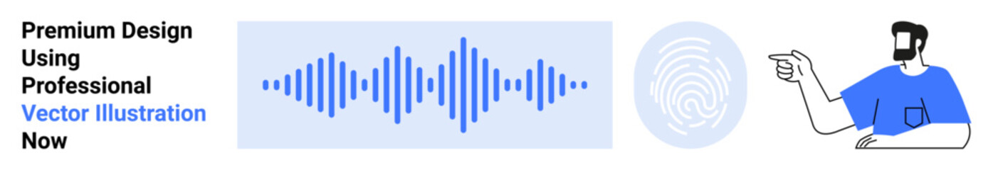 Obraz premium Fingerprint icon, audio waveform, and man pointing represent biometric security systems. Ideal for technology, security, data protection, innovation, user authentication, modern devices flat landing