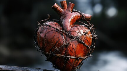 An artistic representation of a heart entwined with barbed wire, emphasizing a profound blend of love and suffering, showcasing the complexities of human emotions.