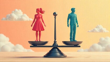 An illustration symbolizing gender equality, featuring a balanced scale with male and female symbols on either side. Representing social balance, equal rights, and the fight against inequality, sexism