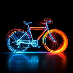 Fototapeta premium light painting shot of a bicycle at night, long exposure shutter speed, vibrant colors forming abstract shapes, and low angle shot for added drama
