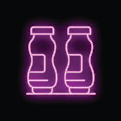 Neon sign illustration of two bottles on a shelf glowing in pink light against a dark background