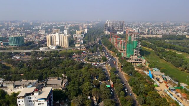 Aerial drone shot capturing Pari Chowk roundabout in Noida India