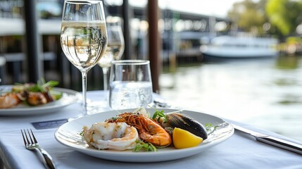 Riverside caf table with a single white plate of gourmet seafood.