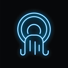 Blue neon sign representing a towel hanging on a towel ring on a black background, ideal for hotel, spa or bathroom decoration