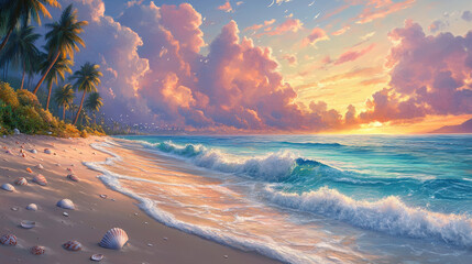 A picturesque seascape at dusk, golden beach bathed in the warm glow of sunset, turquoise ocean waves rolling in