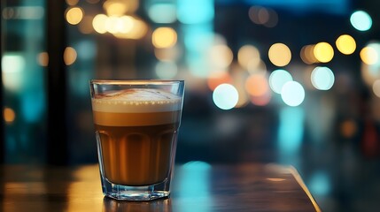 Coffee Latte in Glass with Bokeh Background on Bar Table at Night