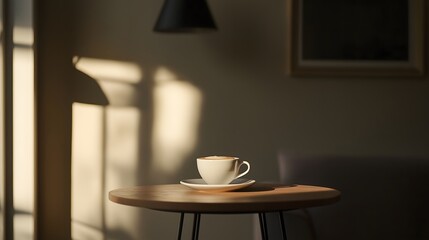 Warm latte in a white cup on wood table with sunlight streaming in