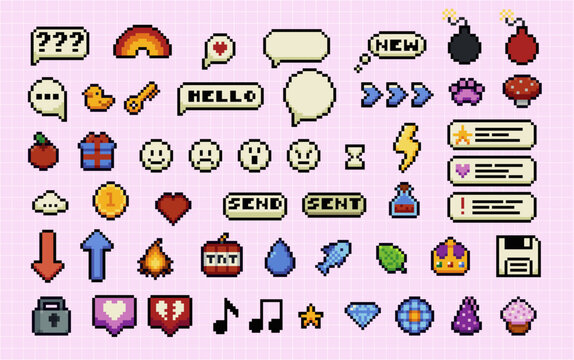 Set of pixel art speech bubbles and icons. Wow. Surprise. Bang. Bomb. Retro game style dialogue box and elements vector collection. Pixels Y2k trendy playful stickers. 8bit. Mood of 90's aesthetics