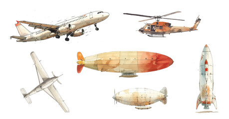 Air transport isolated on white, set of planes and helicopters in cartoon style, vector illustration. Airplane, parachute jump na paragliding sport people. Airship, hot air balloon aviation collection