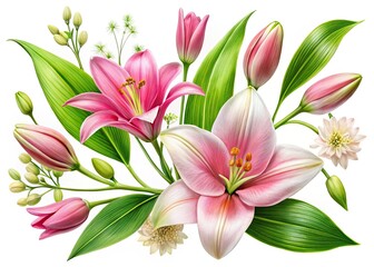 Fototapeta premium Urban exploration reveals delicate pink flowers, vibrant green leaves, and promising lily buds in PNG format.