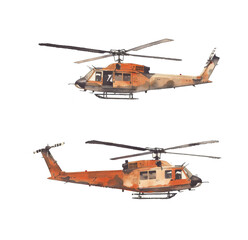 Watercolor helicopter several types. Vintage hand drawn illustration in vector
