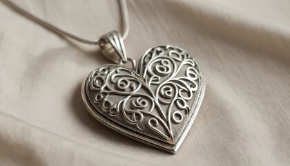 A beautifully crafted silver heart pendant with intricate designs resting on soft fabric, ideal for expressing love or as a timeless gift for special occasions