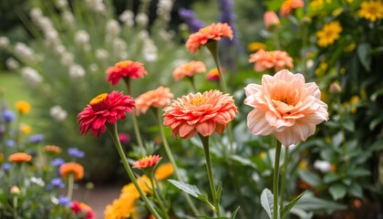 A breathtaking garden filled with vibrant, colorful flowers in full bloom, surrounded by lush greenery and towering trees. A winding stone path leads through the garden, with butterflies fluttering an