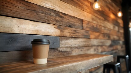 Coffee cup on wooden bar with lights against wood panel wall cafe