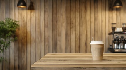 Coffee Cup on Rustic Wooden Table in Cozy Cafe Ambience  | Wood Backdrop
