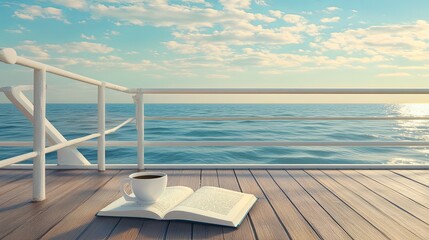 Obraz premium Seaside wooden pier caf with a single espresso cup and an open book.