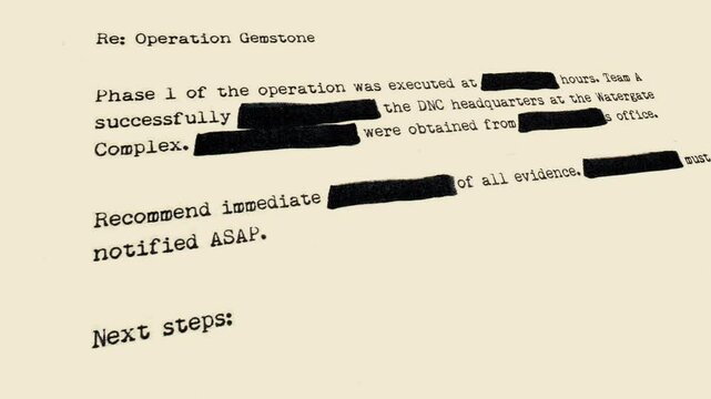 Fake redacted government document: classified Watergate scandal details typewritten on old sepia paper. Angled panning shot: TOP SECRET header, censored text, instructions for cover-up protocol.
