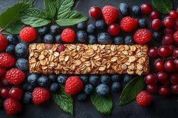 Healthy Snack Concept with Oat Granola Bar and Fresh Berries for Nutritious Breakfast Ideas