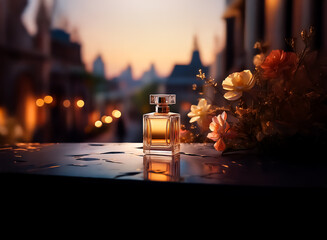 Golden perfume bottle and flowers on a table with a blurred city background during evening. Romantic and elegant still life scene in soft light.