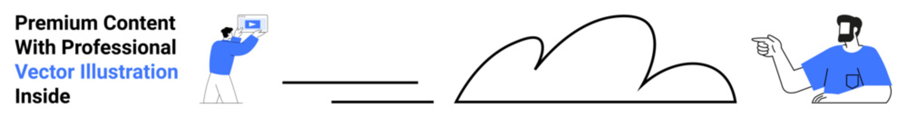 Two people interacting with digital content and cloud storage representation. Ideal for technology, data storage, teamwork, collaboration, online communication, digital marketing, and flat landing