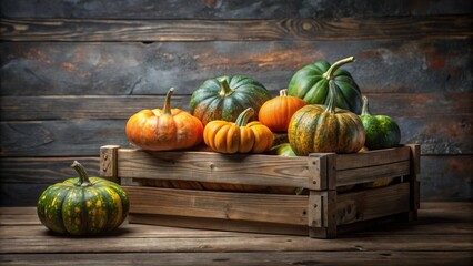 Rustic Wooden Crate Overflowing with a Colorful Autumn Harvest of Gourds and Pumpkins