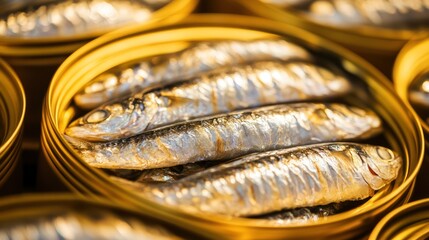 Close-up of Delicious Sardines in Golden Cans