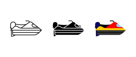 Jetski icon. Watercraft transport sign. High-speed boat symbol. Water ride vehicle pictogram. Extreme sport and water activity illustration.